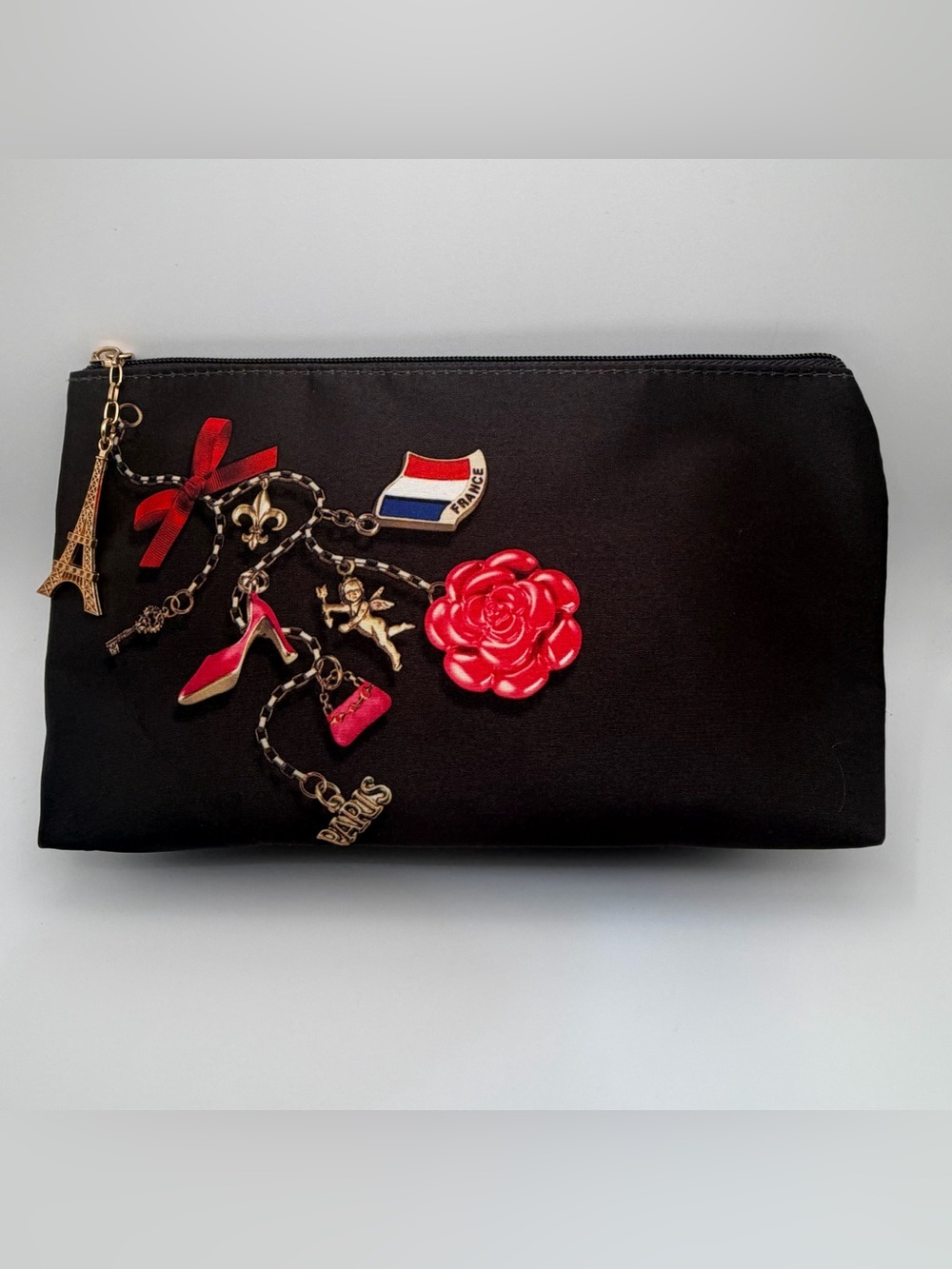 Lancome Black Cosmetic Pouch with Red Rose and Paris Charms